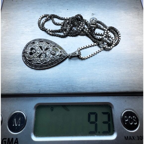 Estate 925 Sterling Silver Teardrop Filigree Pendant Necklace Marcasite Style - Picture 8 of 9